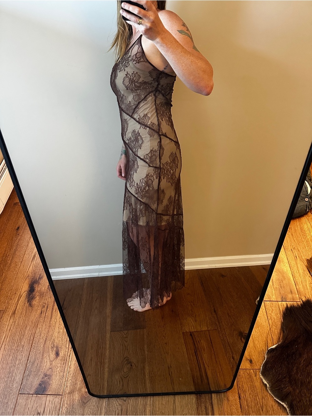 Zara Floral asymmetric all lace Camisole Dress in Dark Brown - Picture 6 of 7